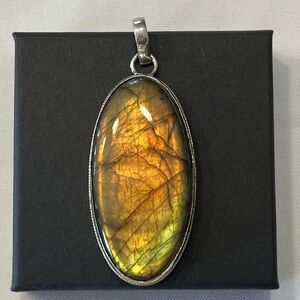 sterling silver, labrodite pendant large, gold rust green colors